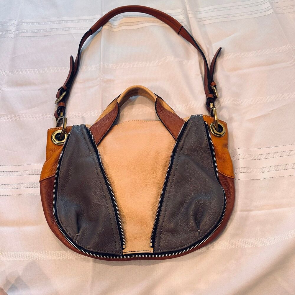 orYANY Grey/Tan  Leather Colorblock Hobo Crossbody Handbag